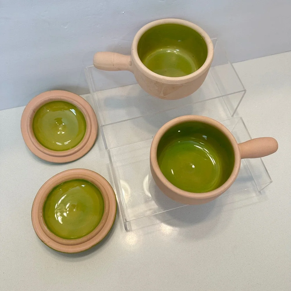 Vintage Solana‎ Ware Bergstrom & French Terracotta Lidded Soup Bowls Green Set 2